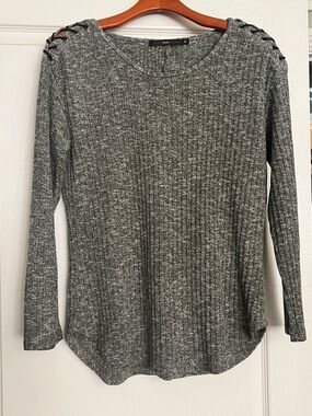 hazel Grey Ribbed Lace-Up Shoulder Knit Top